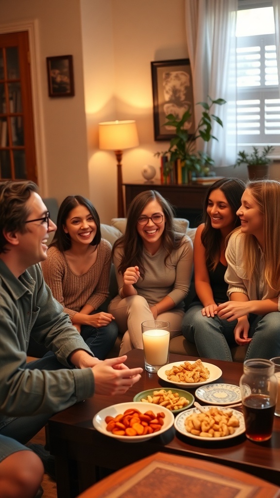 Friends enjoying a fun game of truth questions in a cozy living room.